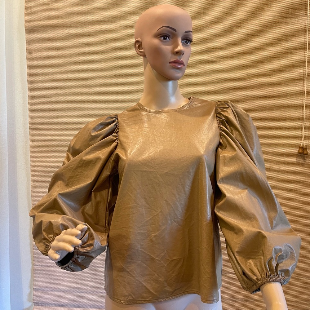 Tan Karlie faux leather top. Oversized puffed sleeves. Size S